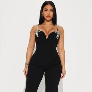 Black night out on the town rhinestone tie strap jumpsuit